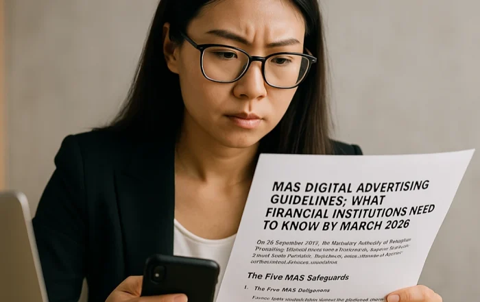 Financial professional reviewing MAS digital advertising guidelines for financial institutions.