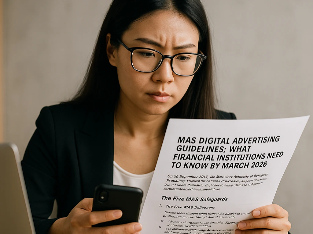 Financial professional reviewing MAS digital advertising guidelines for financial institutions.
