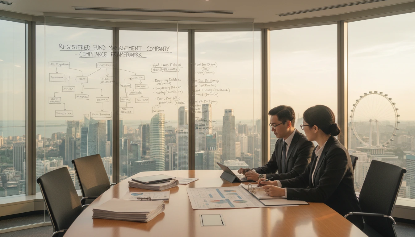 Fund management professionals discussing compliance requirements in Singapore.