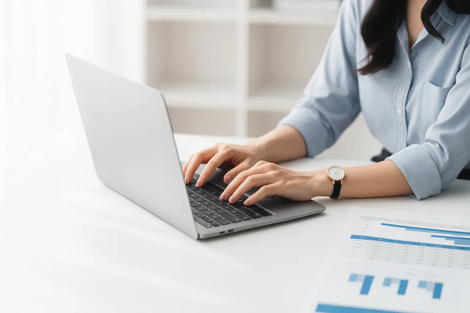 Business professional working on AML and KYC compliance processes using a laptop.