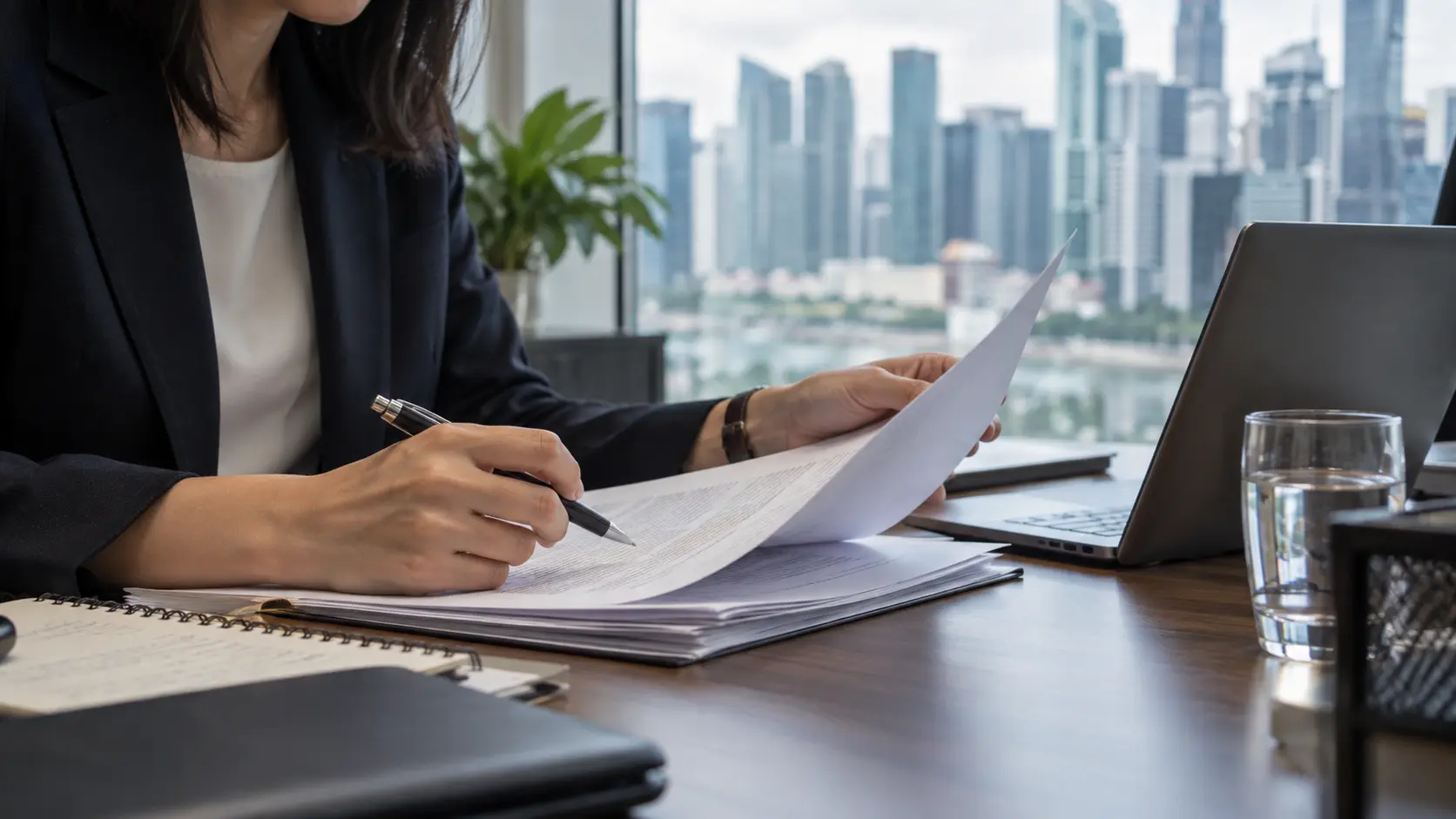 Compliance professional reviewing documents beside a laptop with a city skyline in the background.