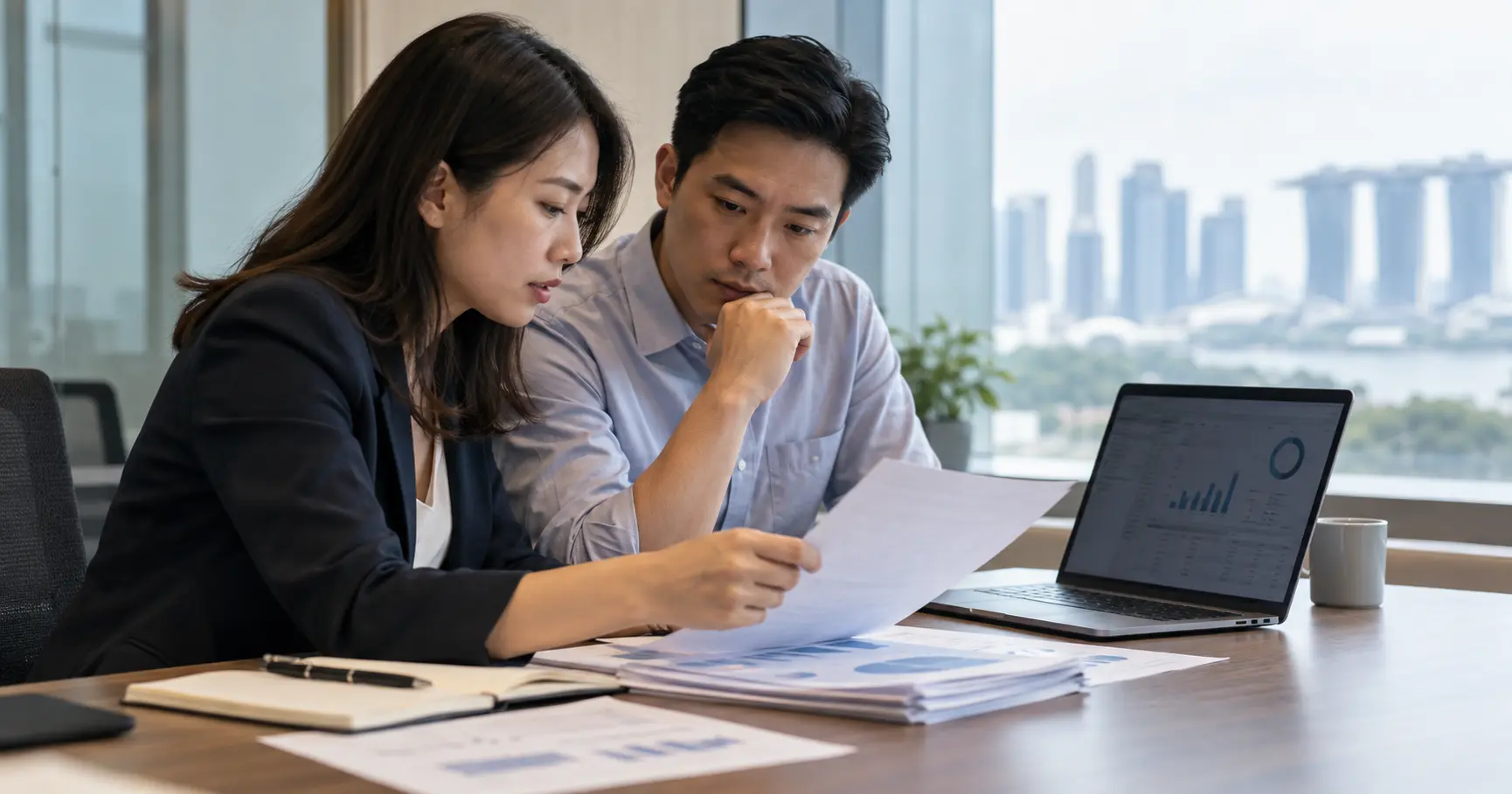 Two compliance professionals reviewing data protection documents beside a laptop in a Singapore office.