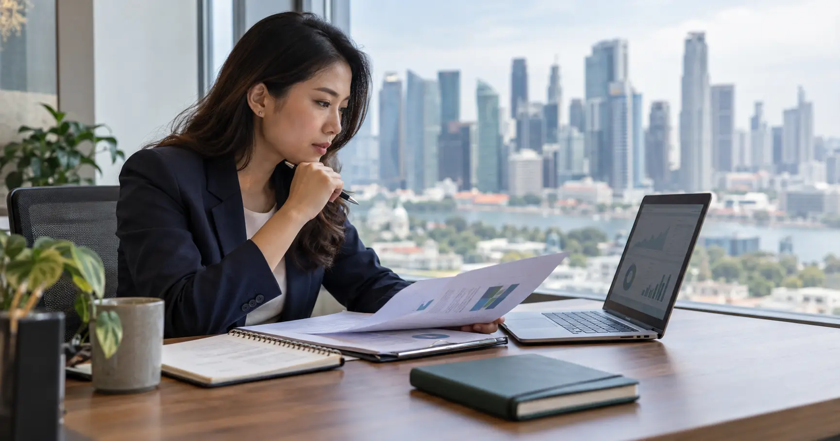 Compliance professional reviewing digital advisory reports beside a laptop in a Singapore office.
