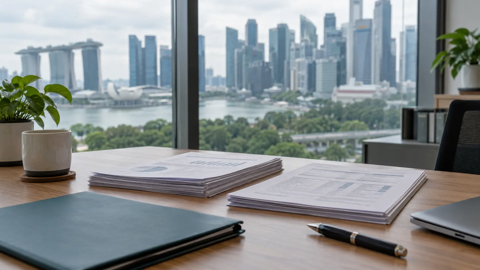 Fund review documents on an office desk overlooking Singapore’s business district